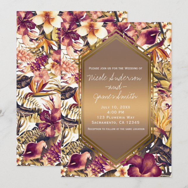 Hawaiian Golden Tropics Elegant Vintage Wedding Invitation (Front/Back)