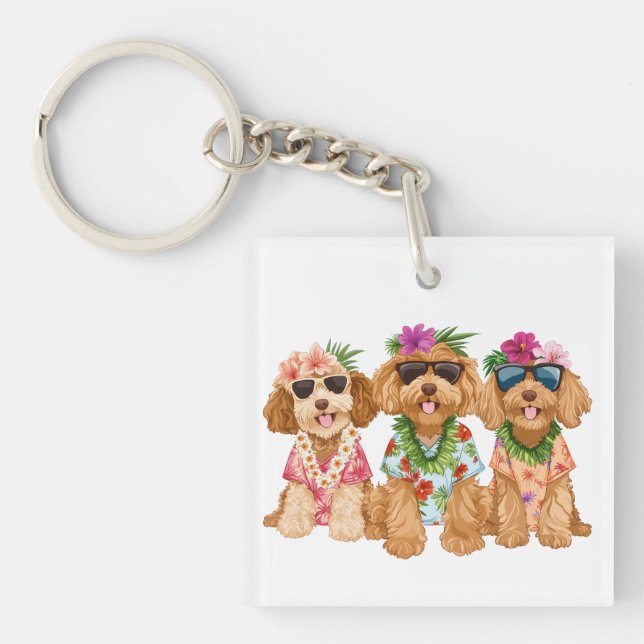Hawaiian Goldendoodle Dogs Flower Lei Key Ring (Front)