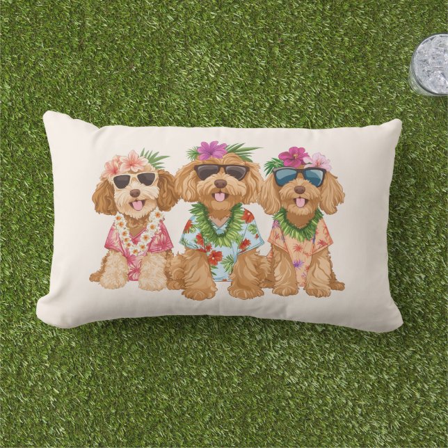 Hawaiian Goldendoodle Dogs Flower Lei Lumbar Cushion (Grass)