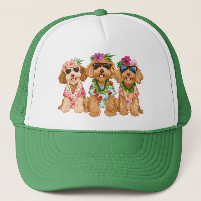 Hawaiian Goldendoodle Dogs Flower Lei Trucker Hat (Front)