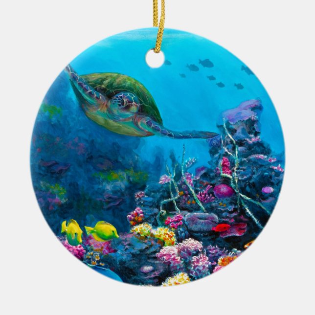 Hawaiian Green Sea Turtle Tropical Fish Reef Ceramic Tree Decoration (Front)