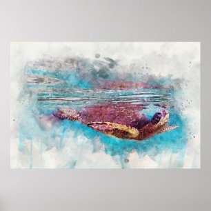 Hawaiian Green Sea Turtle Watercolor Painting Poster