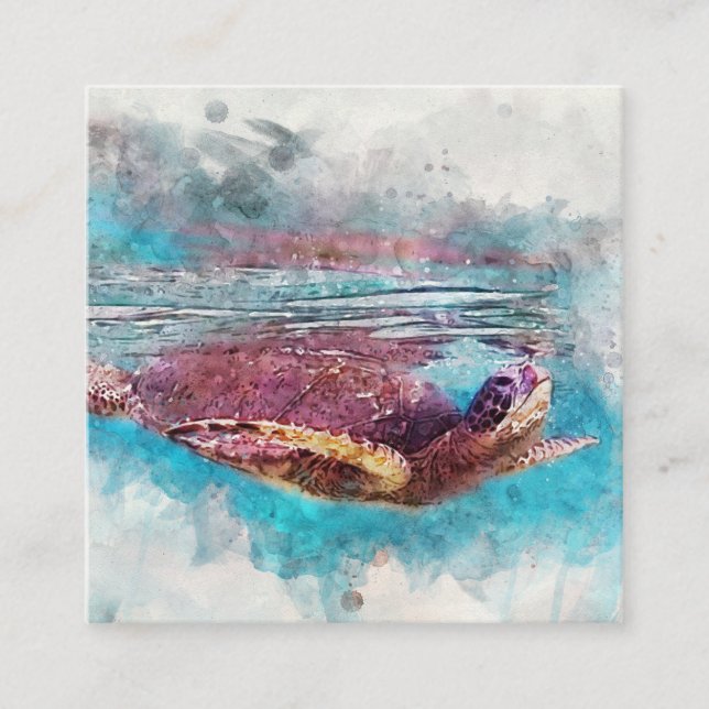 Hawaiian Green Sea Turtle Watercolor Painting Square Business Card (Front)