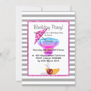 HAWAIIAN GREY STRIPE COCKTAIL BIRTHDAY PINK INVITATION