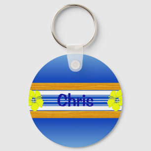 Hawaiian Hibiscus Blue Surfboard Key Ring