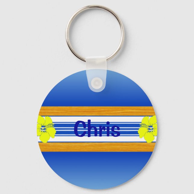 Hawaiian Hibiscus Blue Surfboard Key Ring (Front)