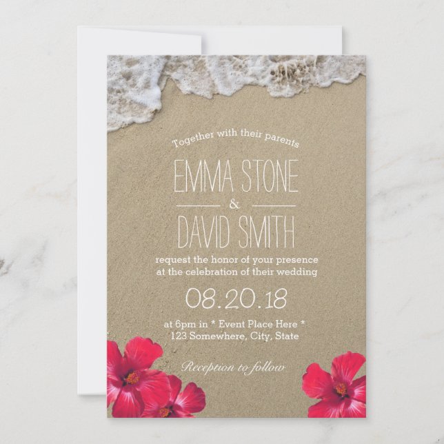 Hawaiian Hibiscus Floral Tropical Beach Wedding Invitation (Front)