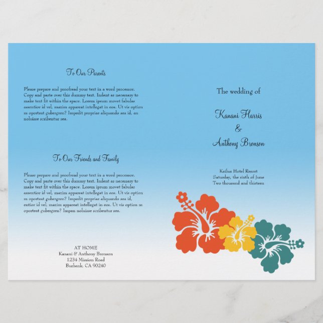 Hawaiian hibiscus flower beach wedding program (Front)
