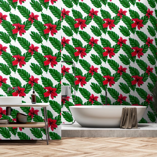Hawaiian hibiscus flower leaf greenery pattern wallpaper (Bathroom)