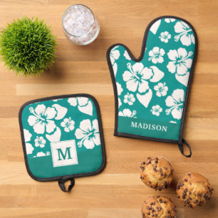 Hawaiian Hibiscus Flower Pattern Oven Mitt & Pot Holder Set
