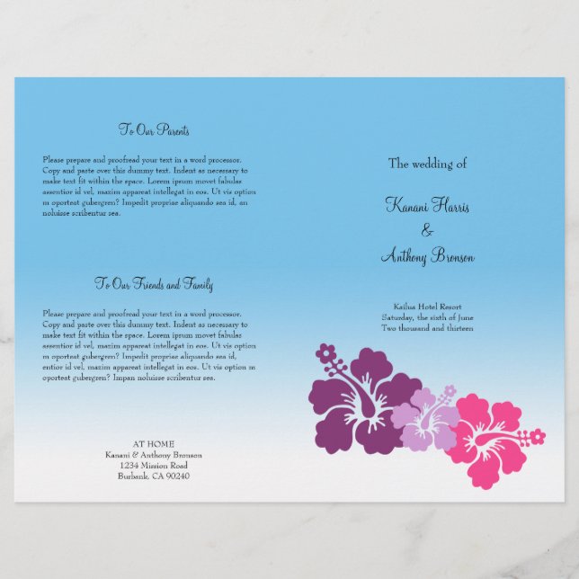 Hawaiian hibiscus flower purple wedding program (Front)
