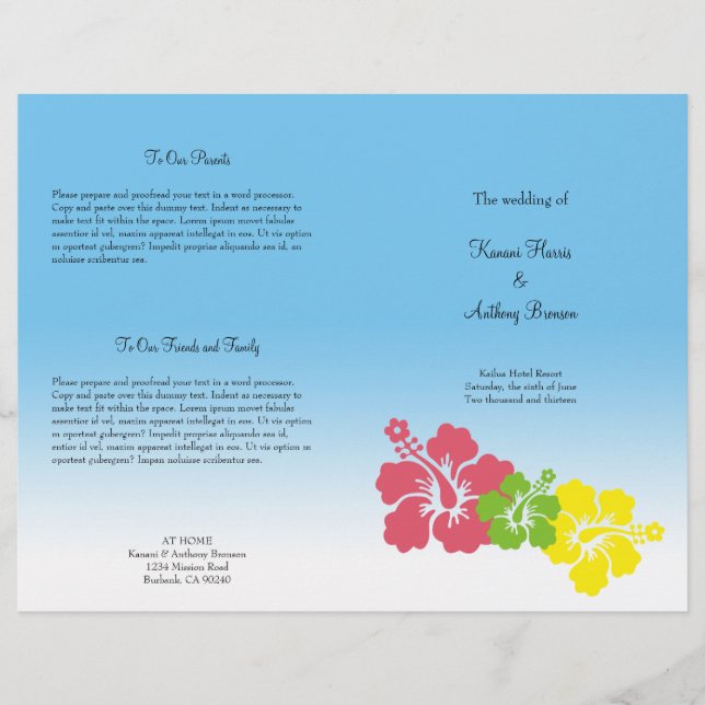 Hawaiian hibiscus flower tropical wedding program (Front)