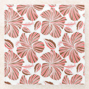 Hawaiian hibiscus flowers: brown tropical style. glass coaster