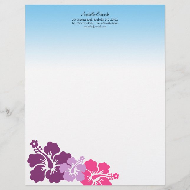 Hawaiian hibiscus flowers lilac purple summer personalised letterhead (Front)