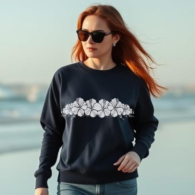 Hawaiian Hibiscus Flowers Navy Blue Sweatshirt (Hawaiian Tropical Hibiscus Flowers, Summer, Beach, Fisherman Trend 2025 Beach Summer Sweatshirt
)