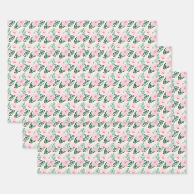 Hawaiian Hibiscus Flowers on Pink Wrapping Paper Sheet (Set)