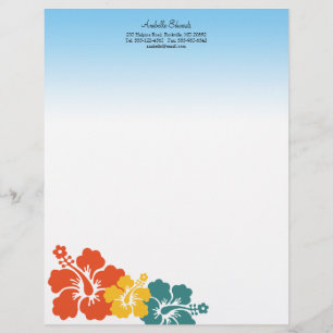 Hawaiian hibiscus flowers orange teal summer letterhead design
