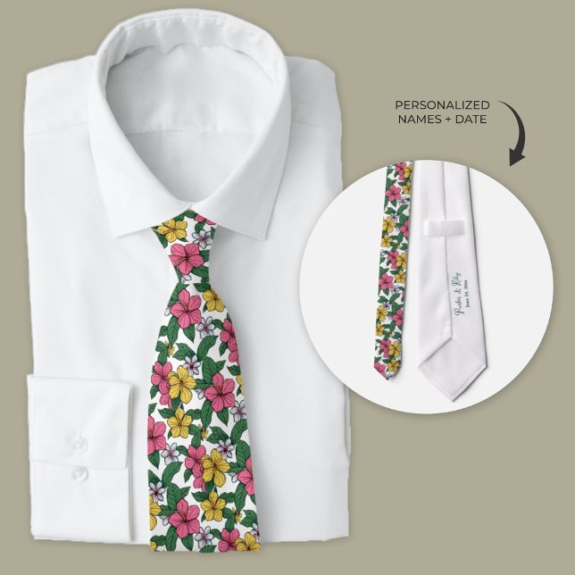 Hawaiian Hibiscus Flowers Personalised Groomsmen Tie (Personalized Hibiscus flower wedding neckties for groom and groomsmen.)