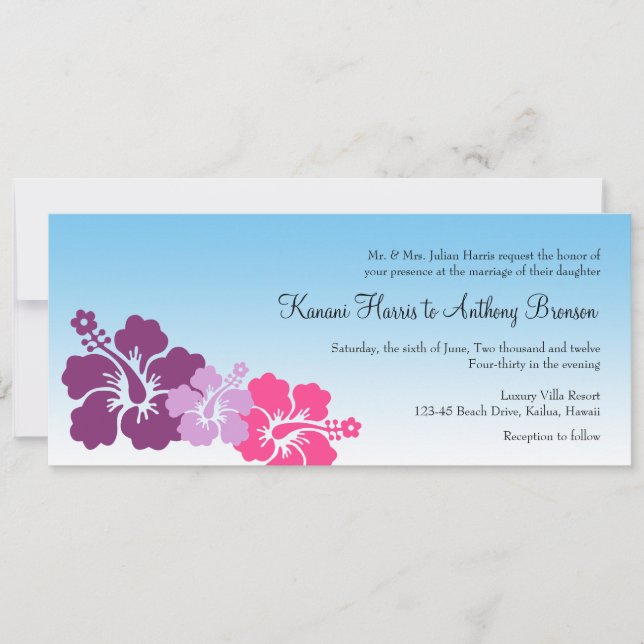 Hawaiian hibiscus flowers purple violet wedding invitation (Front)