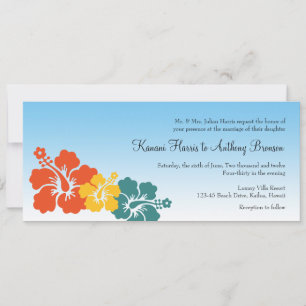 Hawaiian hibiscus flowers tropical orange wedding invitation