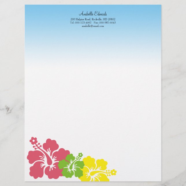 Hawaiian hibiscus flowers tropical pink summer customized letterhead (Front)