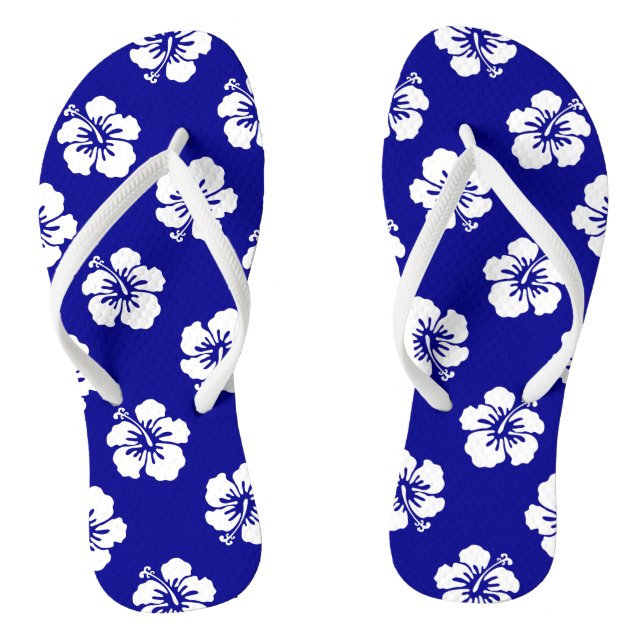 Hawaiian Hibiscus Pattern Blue and White Flip Flops (Footbed)