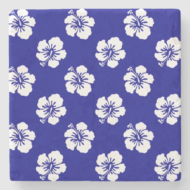 Hawaiian Hibiscus Pattern Blue and White Stone Coaster (Front)