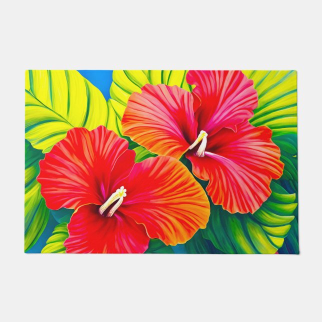 Hawaiian hibiscus red flowers with green leaves doormat (Front)