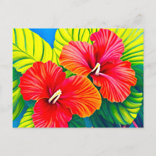 Hawaiian hibiscus red flowers with green leaves postcard