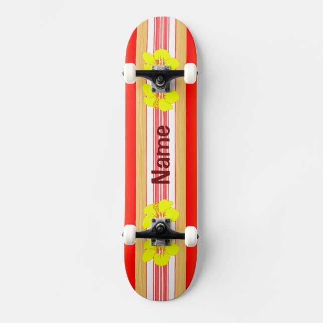 Hawaiian Hibiscus Red Surfboard Skateboard (Front)