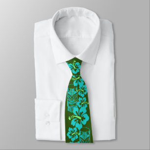 Hawaiian Hibiscus & Tiki "Live Pono" Retro Green Tie