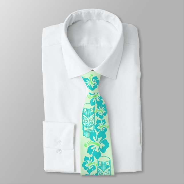 Hawaiian Hibiscus & Tiki "Live Pono" Retro Upbeat Tie (Tied)
