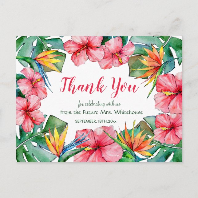 Hawaiian Hibiscus Tropical Bridal Thank You Postcard (Front)