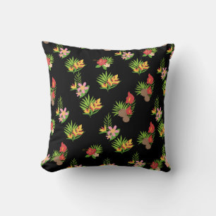 Hawaiian Hibiscus Tropical Floral on Black Cushion