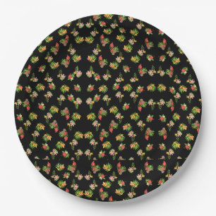 Hawaiian Hibiscus Tropical Floral on Black Paper Plate