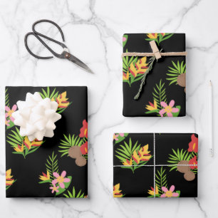 Hawaiian Hibiscus Tropical Floral on Black Wrapping Paper Sheet