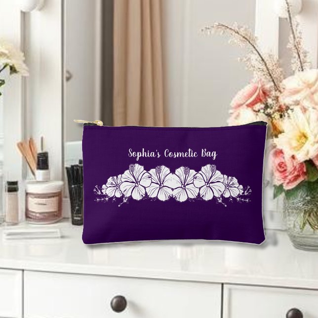 Hawaiian Hibiscus Tropical Flowers Purple Accessory Pouch (Hawaiian, Islander Summer, Beach, Tropical Flowers cosmetic bag purple)