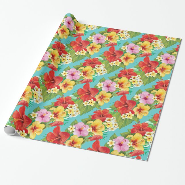 Hawaiian Hibiscus Tropical Islands Theme Wrapping Paper (Unrolled)