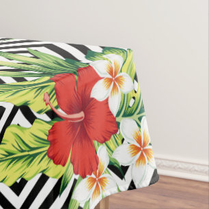 Hawaiian Hibiscus With Modern Geometric Background Tablecloth