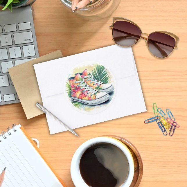 Hawaiian High-Top Sneakers Sticker (Hawaiian Print Kids High Top Sneakers Watercolor with Palms Sticker)