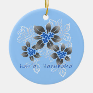 Hawaiian Holly Hanukkah Blue Floral Ceramic Tree Decoration