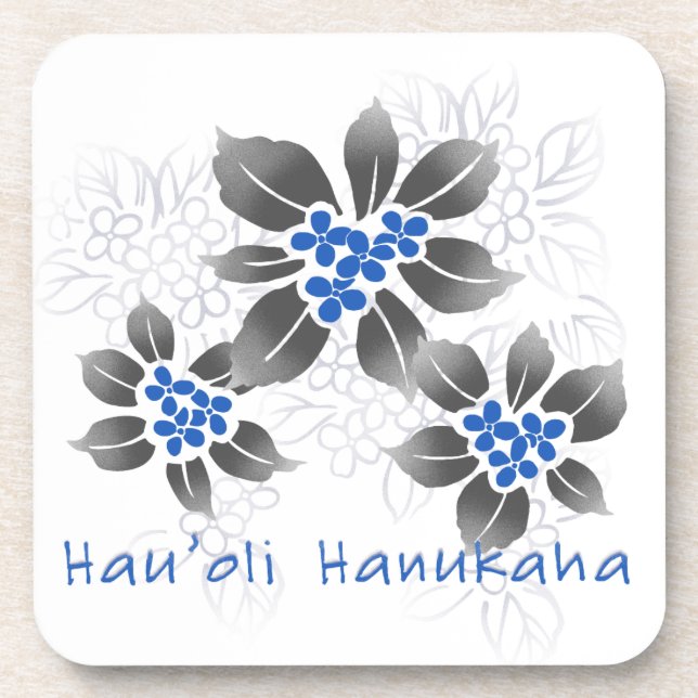 Hawaiian Holly Hanukkah Blue Floral Coaster (Front)