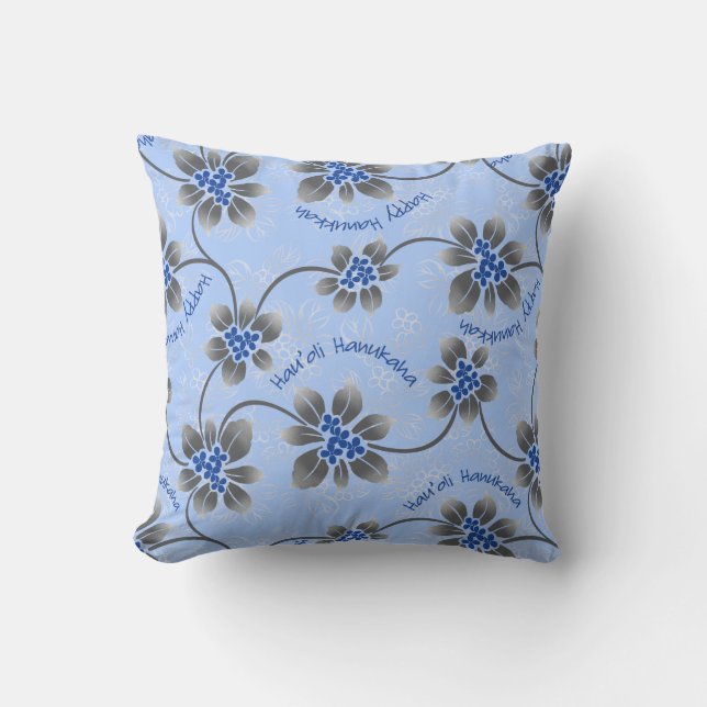 Hawaiian Holly Hanukkah Blue Floral Cushion (Front)