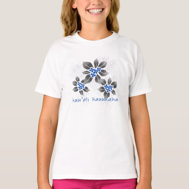 Hawaiian Holly Hanukkah Blue Floral T-Shirt (Front)