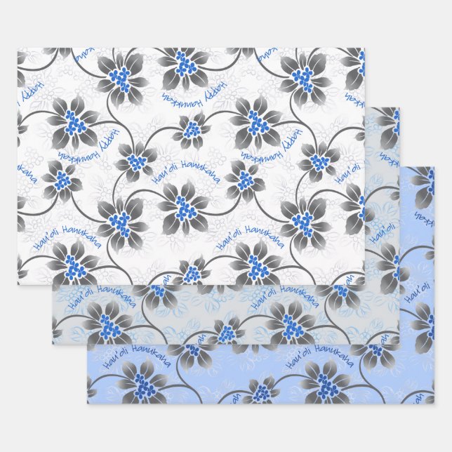 Hawaiian Holly Hanukkah Blue Floral Trio Wrapping Paper Sheet (Set)