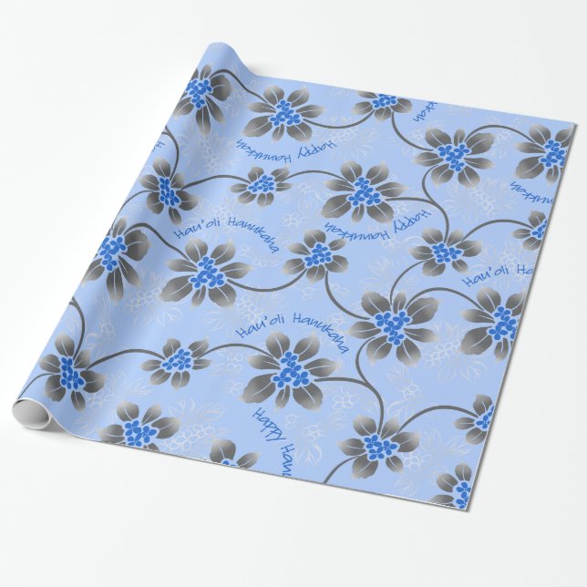 Hawaiian Holly Hanukkah Blue Floral Wrapping Paper (Unrolled)