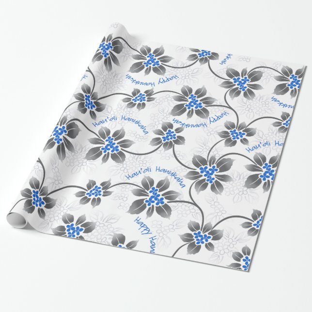 Hawaiian Holly Hanukkah Blue Floral Wrapping Paper (Unrolled)