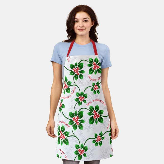 Hawaiian Holly Mele Kalikimaka Christmas Red Apron (Worn)