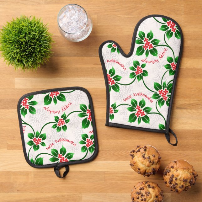 Hawaiian Holly Mele Kalikimaka Christmas Red Oven Mitt & Pot Holder Set (Top Down)