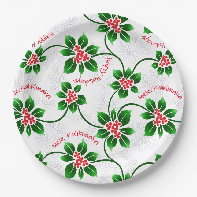 Hawaiian Holly Mele Kalikimaka Christmas Red Paper Plate (Front)
